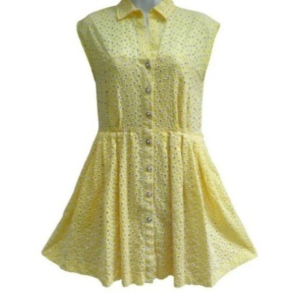 Vintage Betsey Johnson Dress Yellow Eyelet Embroidered Collared A-Line Size 8 - Picture 1 of 15